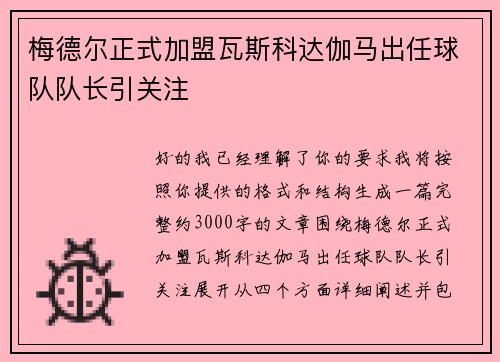 梅德尔正式加盟瓦斯科达伽马出任球队队长引关注