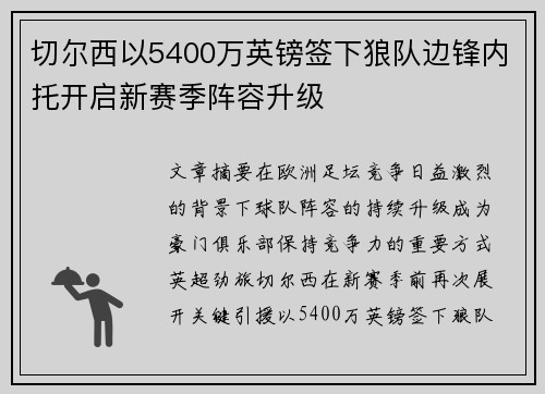 切尔西以5400万英镑签下狼队边锋内托开启新赛季阵容升级