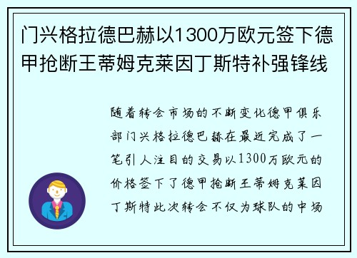 门兴格拉德巴赫以1300万欧元签下德甲抢断王蒂姆克莱因丁斯特补强锋线