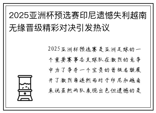 2025亚洲杯预选赛印尼遗憾失利越南无缘晋级精彩对决引发热议