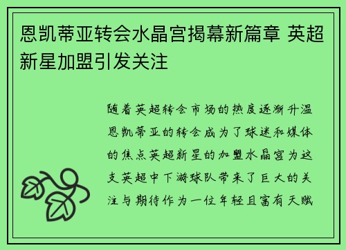 恩凯蒂亚转会水晶宫揭幕新篇章 英超新星加盟引发关注